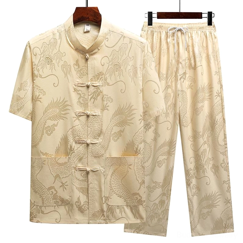 Men's dragon jacquard Tang suit styled for formal celebration and cultural event