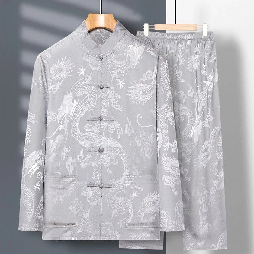 Light gray dragon tang suit men's traditional Chinese frog button jacket and pants ensemble