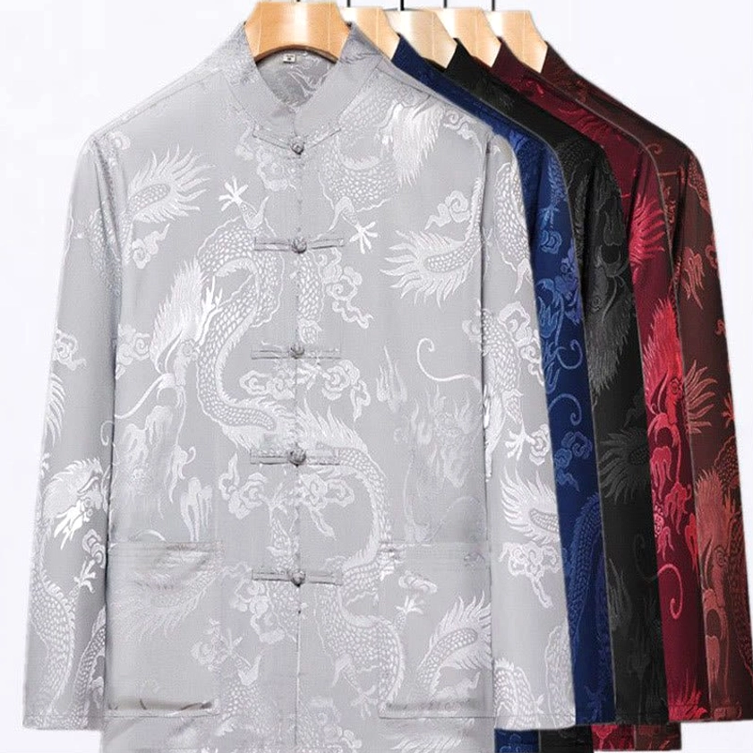 Dragon tang suit jacket light gray close-up jacquard embroidery texture detail
