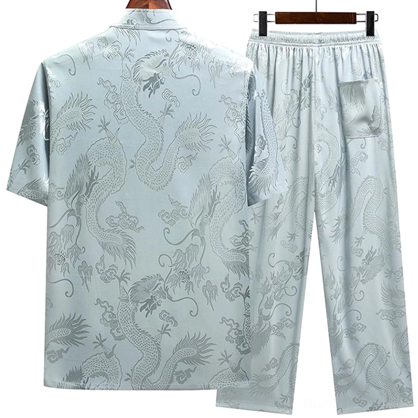 Dragon jacquard Tang suit back view showing traditional Chinese tailoring and pocket details