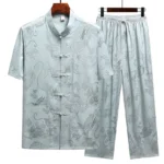 Men's dragon jacquard Tang suit two-piece set front view with stand collar and frog buttons