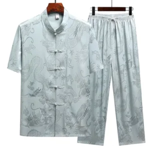 Men's dragon jacquard Tang suit two-piece set front view with stand collar and frog buttons
