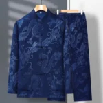 Navy blue dragon tang suit men's traditional Chinese frog button jacket and pants two-piece set front view