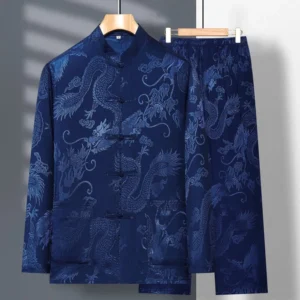Navy blue dragon tang suit men's traditional Chinese frog button jacket and pants two-piece set front view
