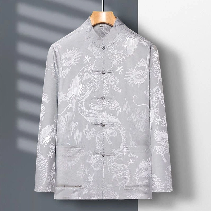 Dragon embroidered tang suit jacket navy blue close-up texture jacquard fabric detail