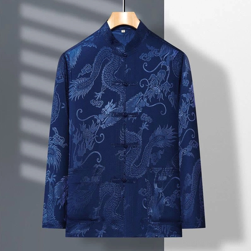 Navy blue dragon embroidered tang suit jacket long sleeves frog button stand collar detail
