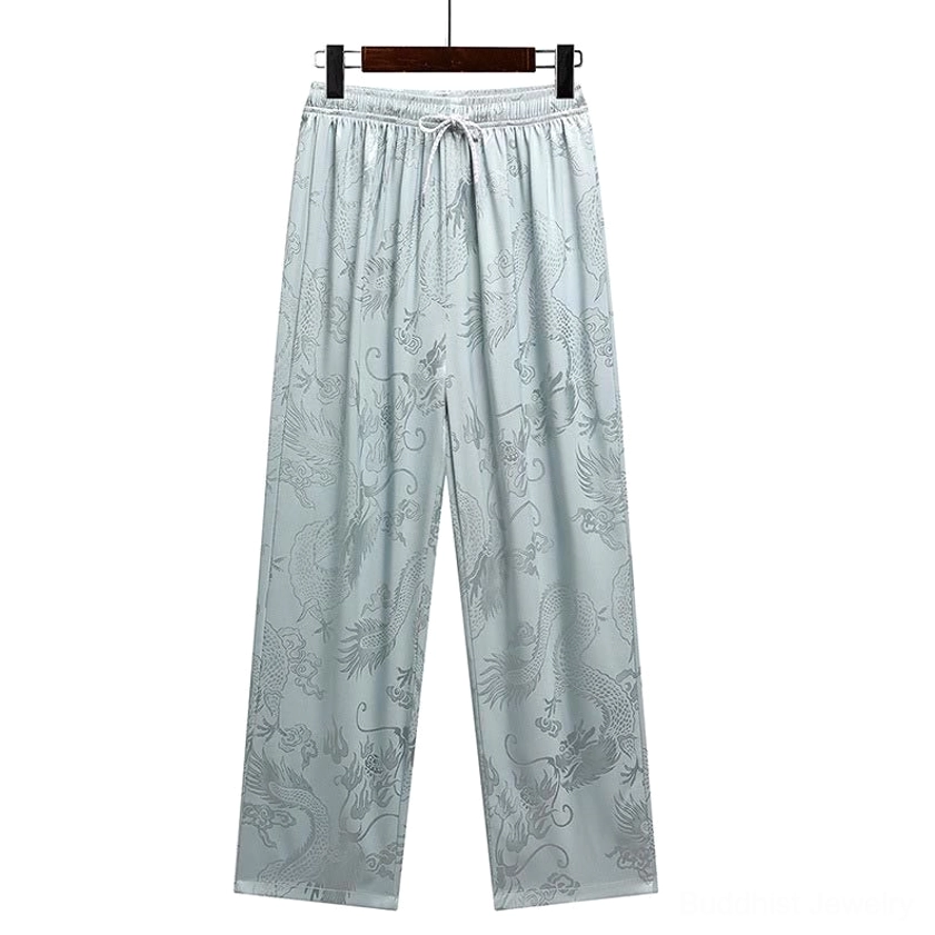 Men's Tang suit casual wide-leg pants with elastic drawstring and dragon jacquard