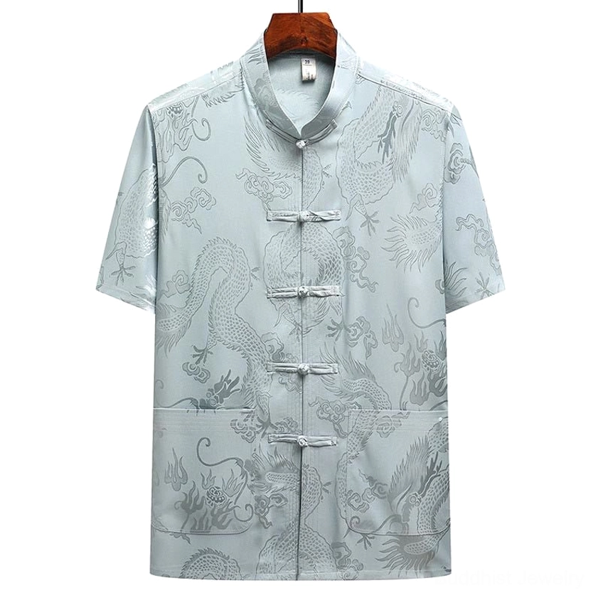 Short-sleeve dragon jacquard Tang suit top front display with waist pockets