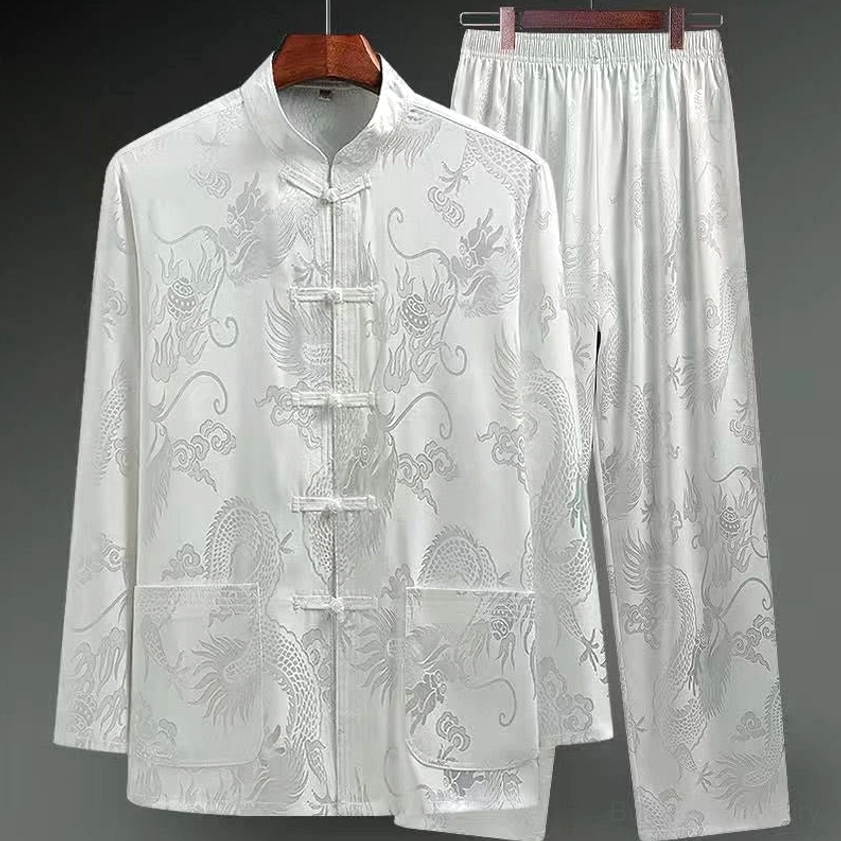 White dragon tang suit men's traditional Chinese frog button jacket and pants complete set