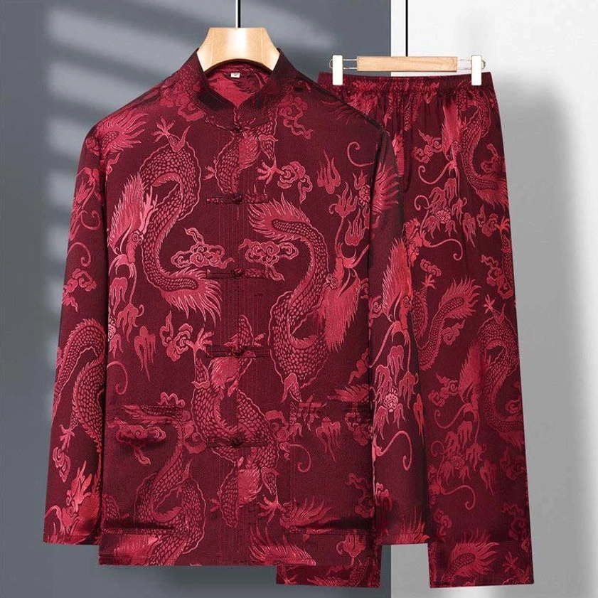 Wine red burgundy dragon tang suit men's traditional Chinese clothing frog button jacket pants