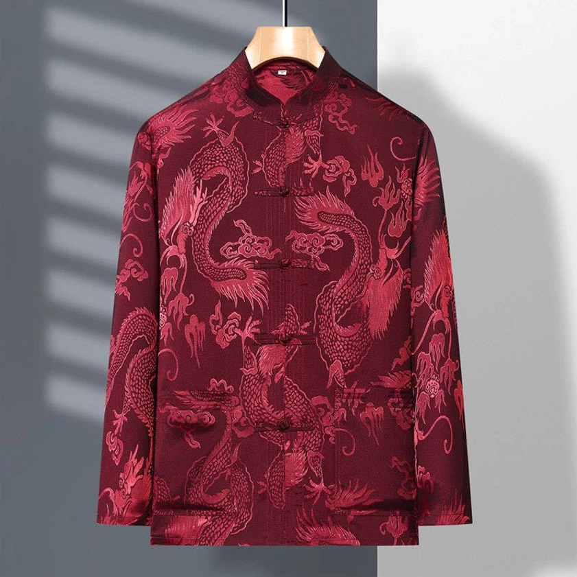 Wine red dragon embroidered tang suit jacket long sleeves stand collar traditional frog buttons