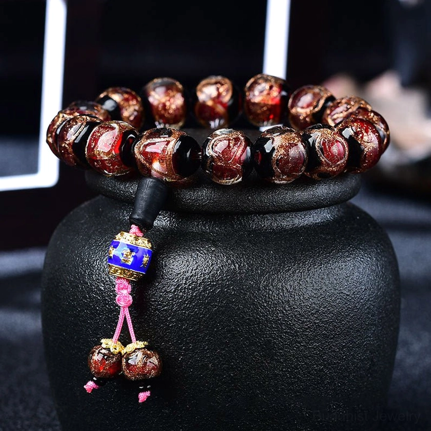 Handmade dragon vein agate bracelet with natural stone beads and enamel charm