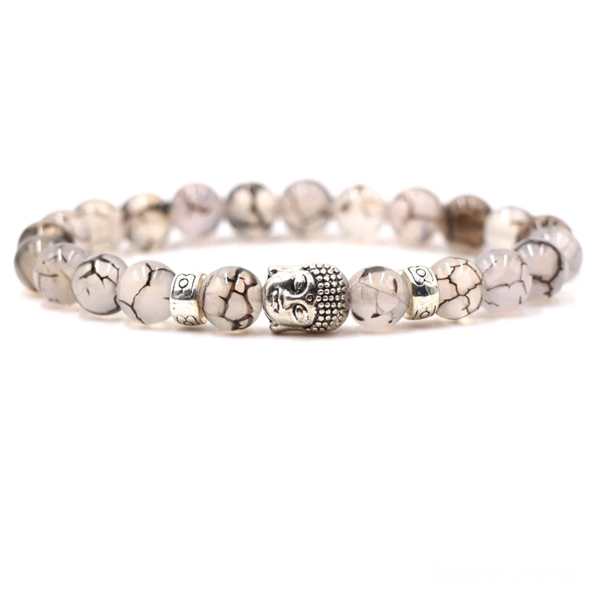 Dragon vein agate healing bracelet with Buddha charm, striped translucent beads, balance success mala