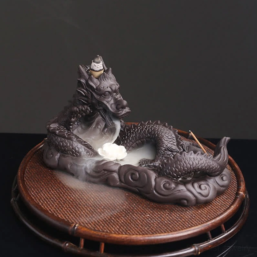 Dragon and white flower incense burner variant with purple clay construction and blue glass bead for spiritual practice