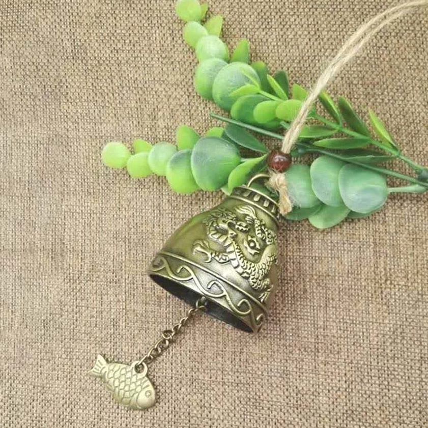 Dragon carved bronze Buddhist wind chime with embossed dragon pattern and fish pendant