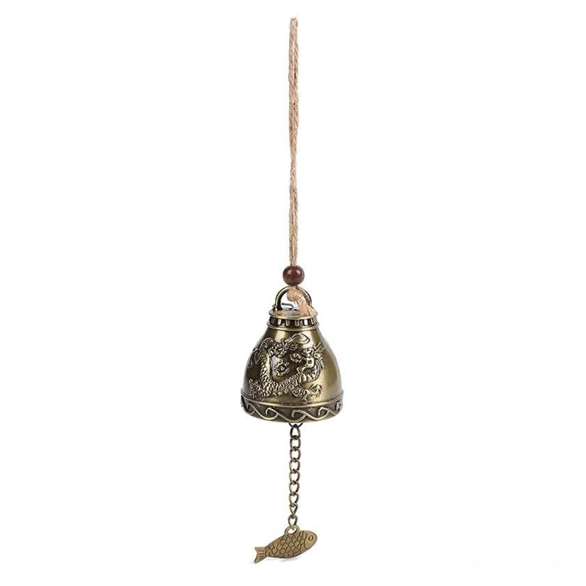 Mini dragon carved wind chime bell hanging display with relief design and fish charm