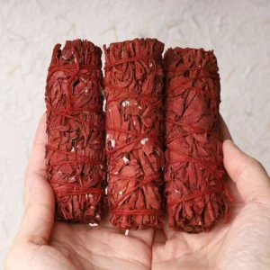 Dragons Blood Sage Smudge Stick bundle held in two palms, showing deep red dried herbs wrapped with natural twine for energy cleansing