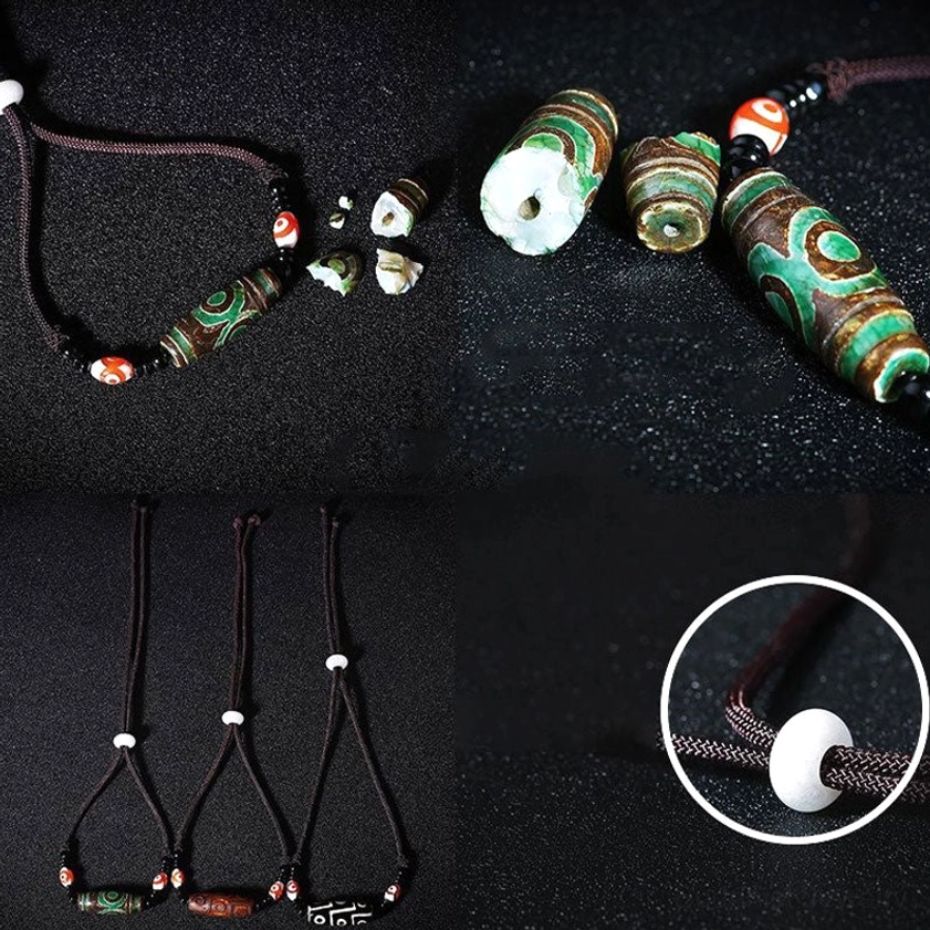 Buddhist amulet nine-eye dzi bead necklace showing natural stone variations and authentic spiritual craftsmanship