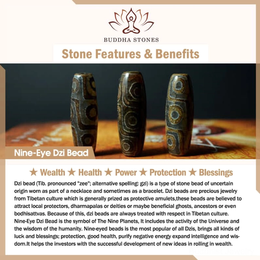 Nine-eye Dzi bead samples and benefits guide showing multiple dzi beads on wooden surface with text describing blessings, protection, wealth, health, and spiritual properties of authentic Buddhist dzi beads