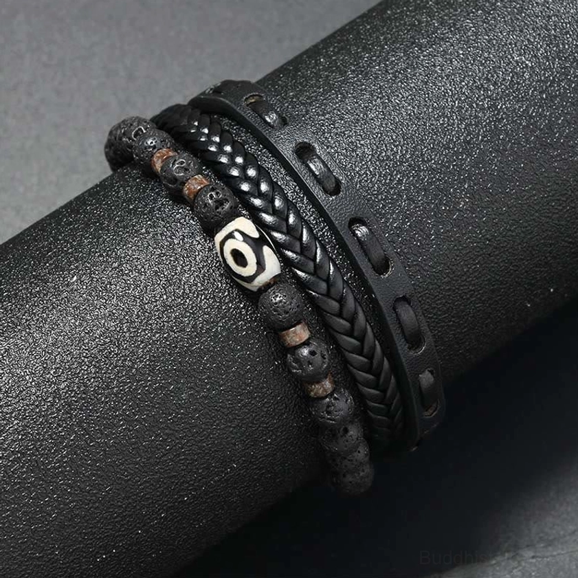 Multi-layer black leather braided dzi bead bracelet side profile display