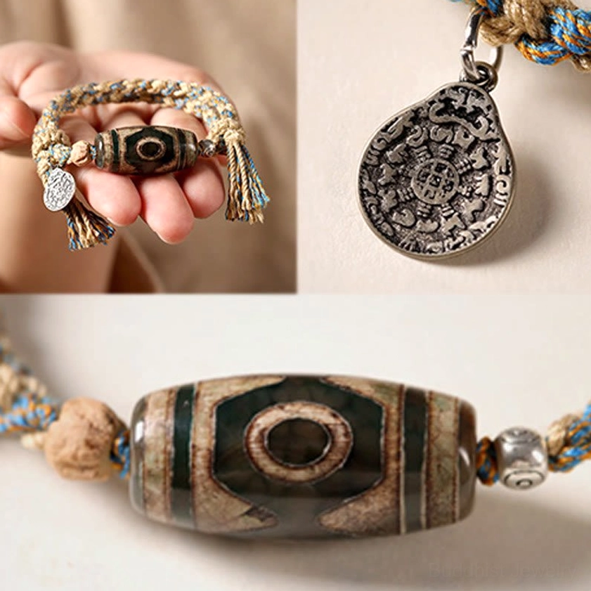 Dzi bead bracelet components and accessories showing bead close-up detail, metal pendant, and woven construction