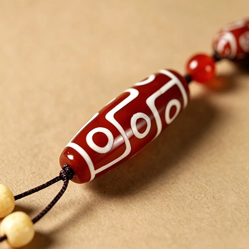 Dzi bead charm pendant on bodhi mala bracelet - protective amulet