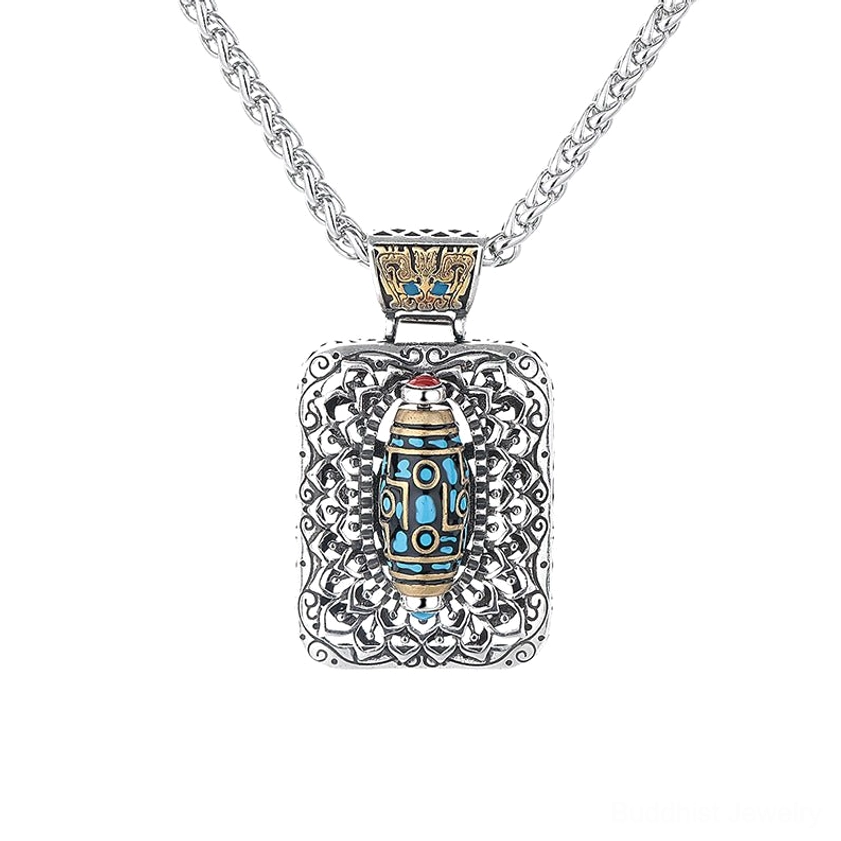 Nine-Eye Dzi Bead copper pendant necklace product shot white background showing detailed hollow carved square frame and spiritual design