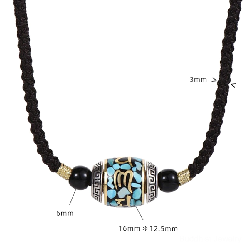 Om Mani Padme Hum Dzi Bead necklace with size markers showing pendant and cord dimensions