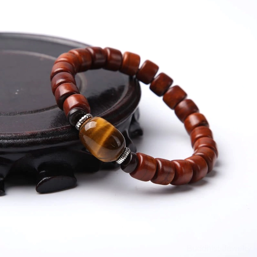 Three-eyed Dzi bone bead bracelet with black onyx stone Buddhist protective amulet jewelry