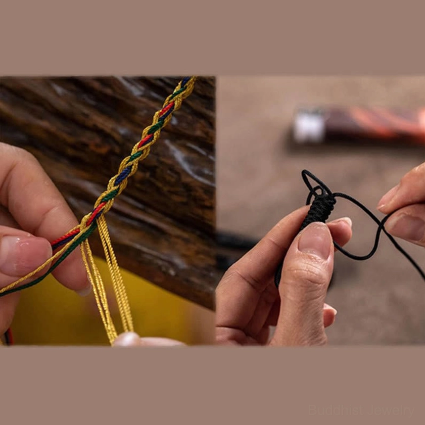 Handcrafted bracelet weaving demonstration showing colorful braided rope knotting and assembly technique