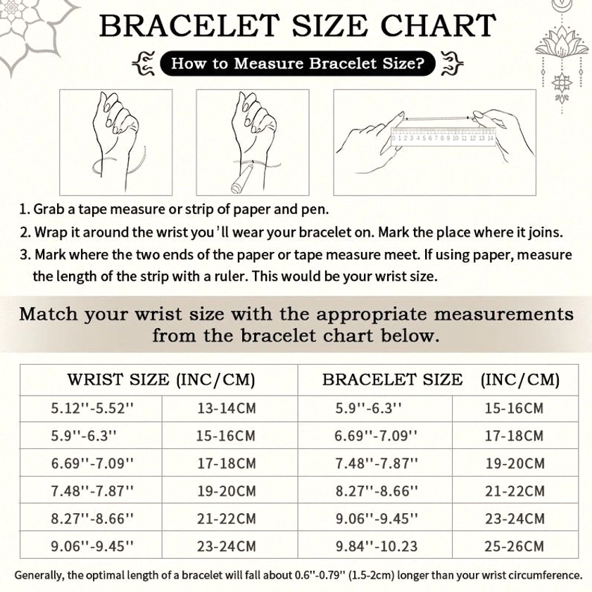 Dzi bracelet wrist sizing guide chart showing small medium large measurements in centimeters and inches
