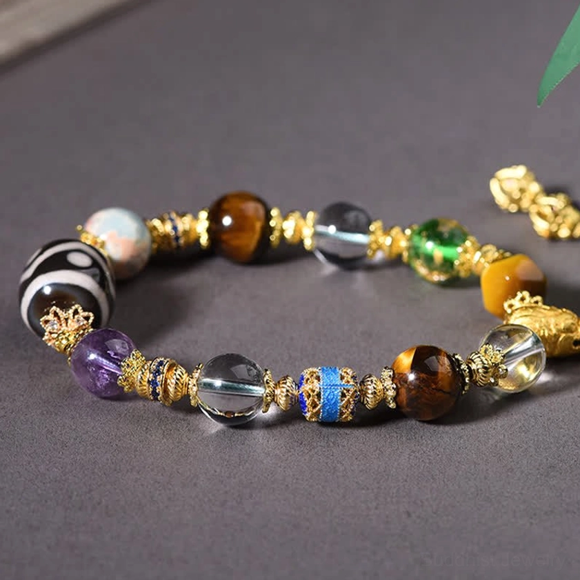 Dzi amethyst tiger eye bracelet worn on wrist showing comfort fit and natural stone beauty in daily wear