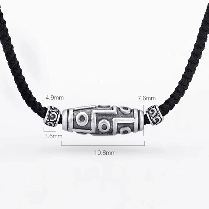 Nine-eye dzi bead pendant necklace care instructions showing how to maintain sterling silver and prevent tarnishing