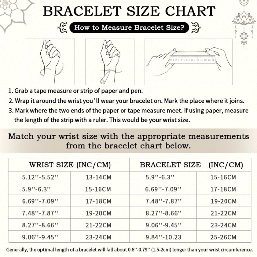 Size comparison and measurement guide for nine-eye dzi sterling silver bracelet showing adjustable wrist circumference