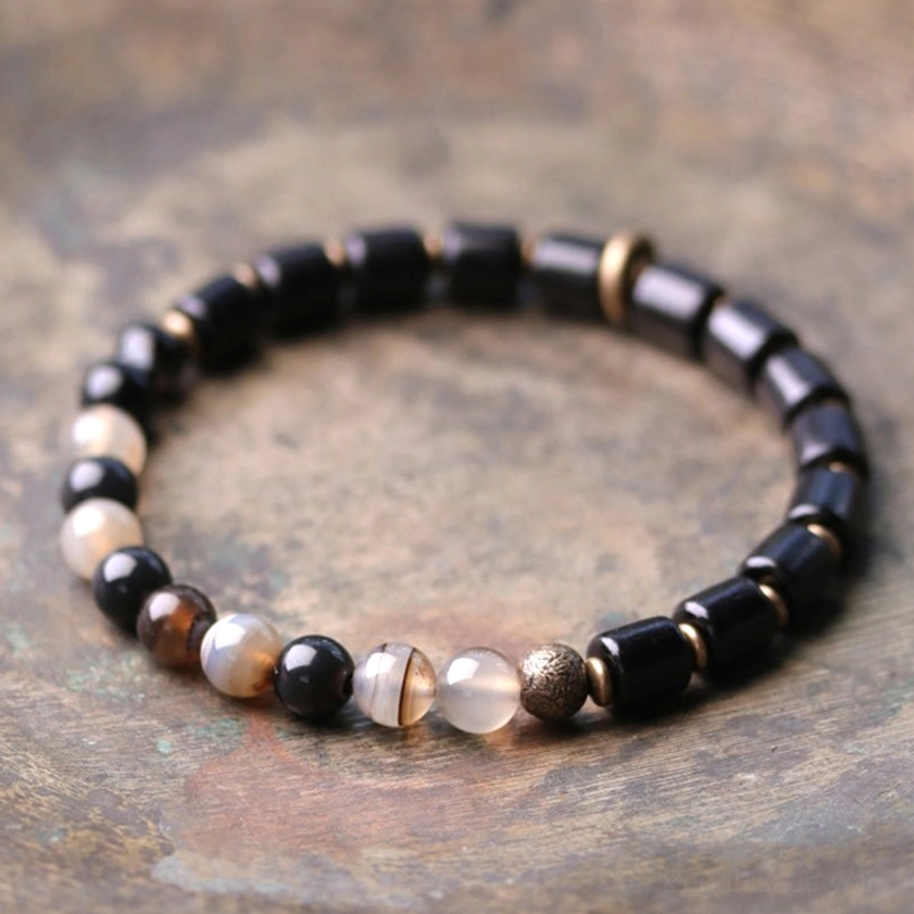 Ebony wood and agate Buddhist bracelet available in multiple sizes 15cm 16cm 17cm 18cm for all wrist sizes