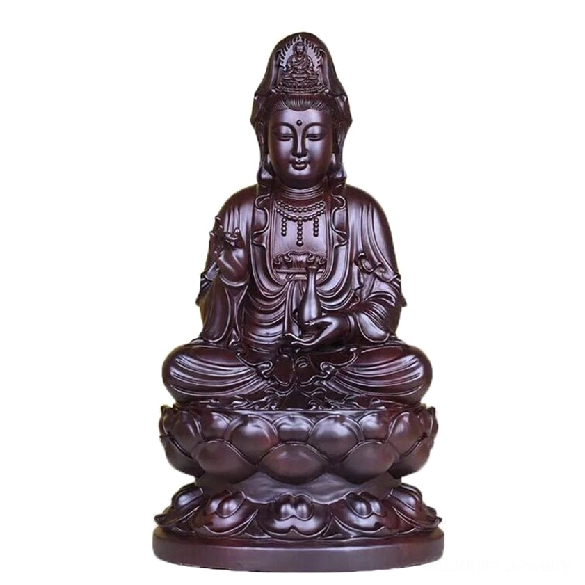 Compact ebony Avalokitesvara ornament full carved design with small lotus base for home meditation