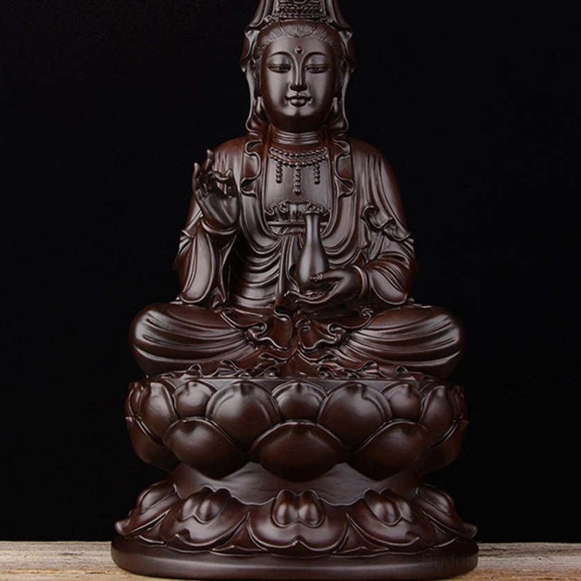Ebony Buddha statue frontal view with prayer beads carving on chest, handmade Buddhist sculpture