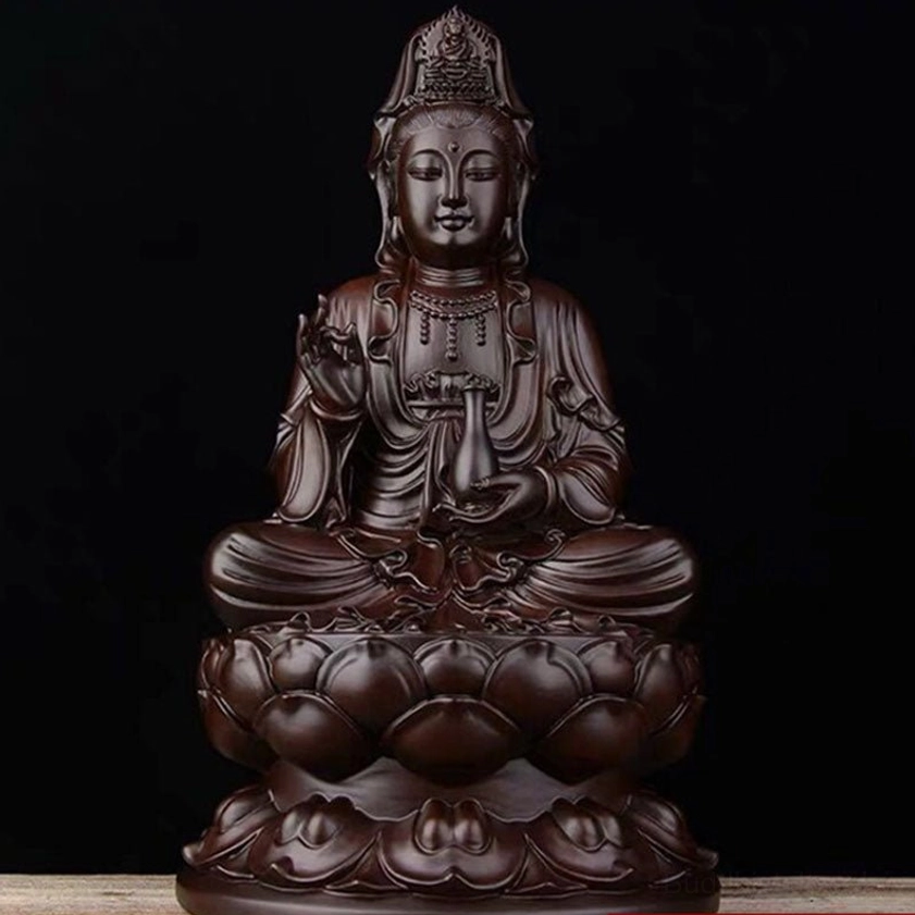 Ebony Avalokitesvara statue front view with lotus base, handcrafted Buddhist compassion sculpture with ritual vase