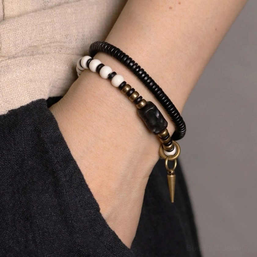Ebony wood and bone bead bracelet for couples with spiritual protection and strength meaning