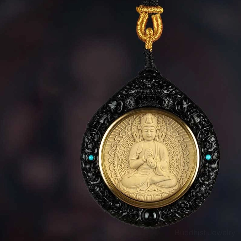 Ebony wood Buddha necklace pendant with clasped hands mudra pose and turquoise stone