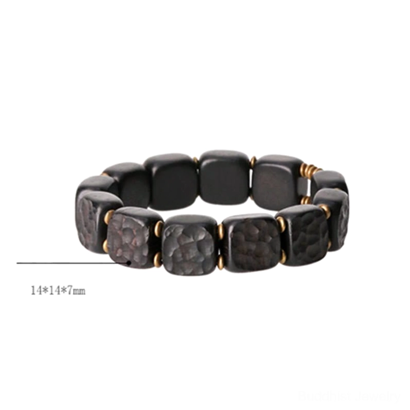 Ebony and copper square bead bracelet with 14mm size specification mark on white background