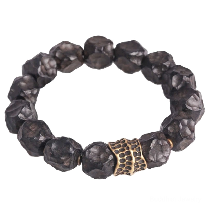 Complete ebony wood copper couple bracelet flat lay showing full design with hammered beads and bronze accents