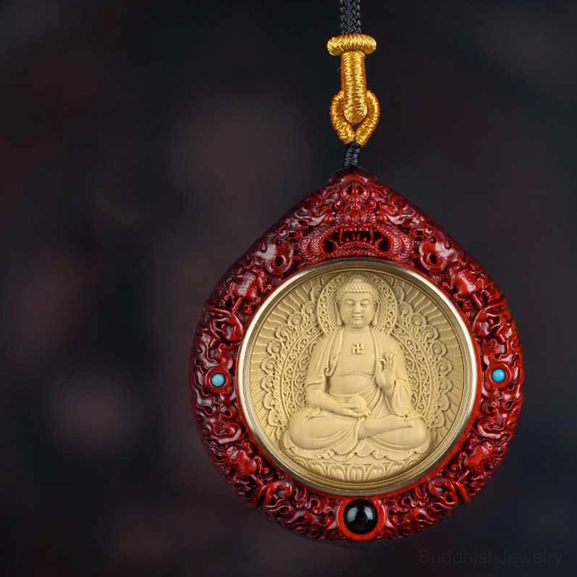 Ebony wood Dog Pig Amitabha Buddha necklace pendant with protective symbol