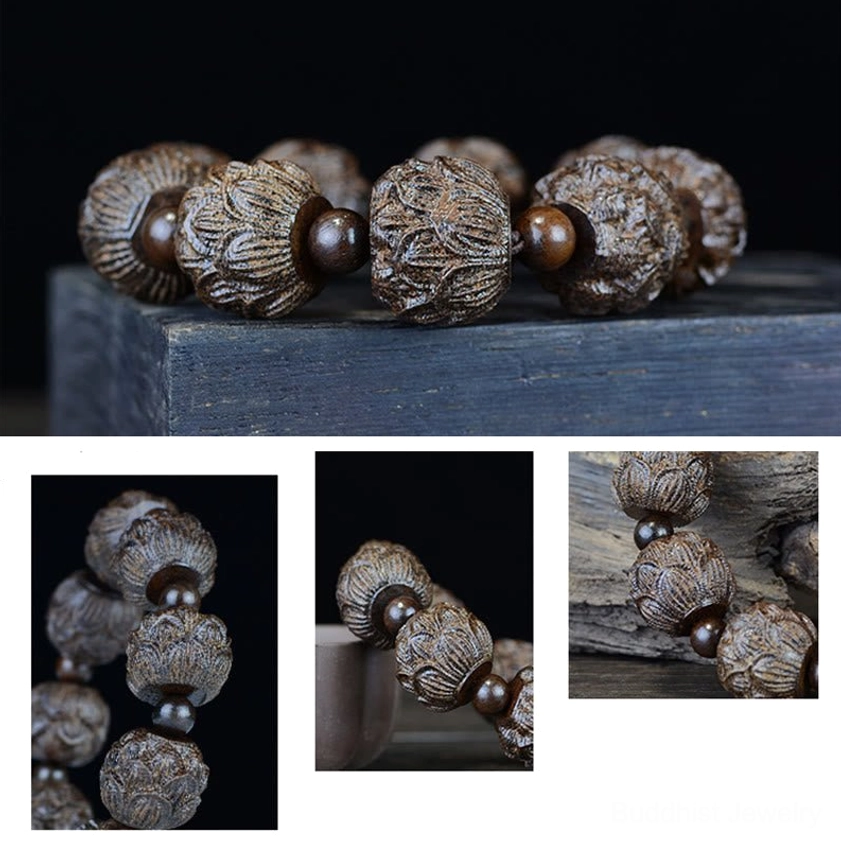 Dragon engraved ebony wood Buddhist bracelet showing intricate dragon carving work on premium 20mm wooden beads