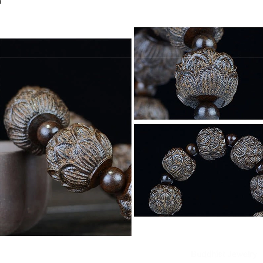 Ebony wood dragon bracelet close-up, handcrafted 9-bead Buddhist protective jewelry with detailed dragon relief carving