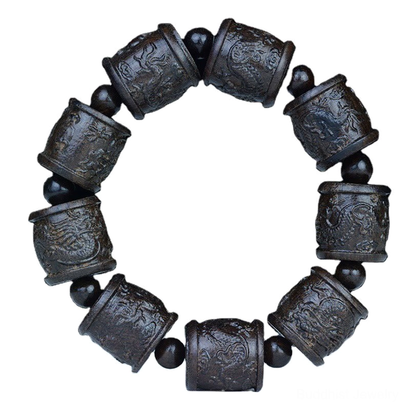 Handmade ebony wood dragon bracelet featuring traditional Buddhist dragon carving on premium wooden beads for spiritual grounding