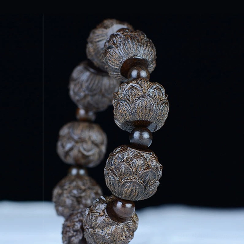 Ebony wood Dragon carved Buddhist bracelet, 20mm handmade beads with detailed dragon engravings for protection and good fortune