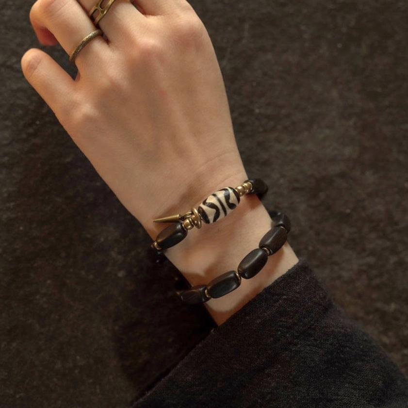 Natural ebony wood and dzi bead bracelet for balance, luck and prosperity