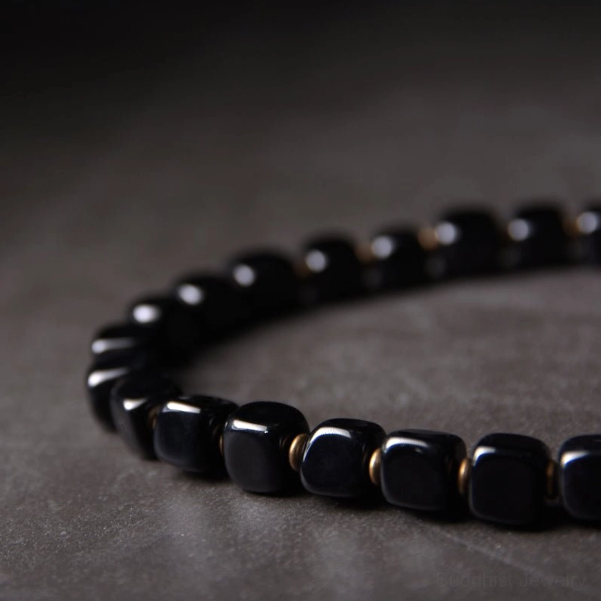 Ebony wood and dzi bead couple bracelet set, unisex buddhist jewelry for protection and harmony