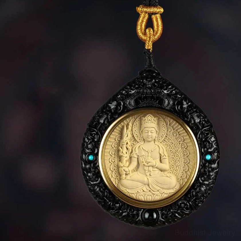 Black wood carved Buddhist guardian deity necklace pendant with ritual tool and turquoise accent